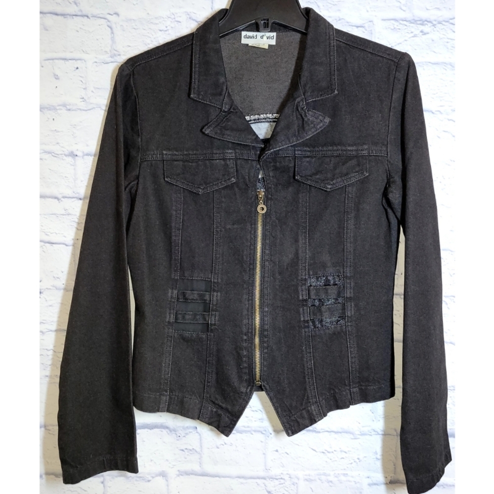 David David Women's Black Denim Jean Jacket Size M Zip Pockets Sheer Detail Goth
